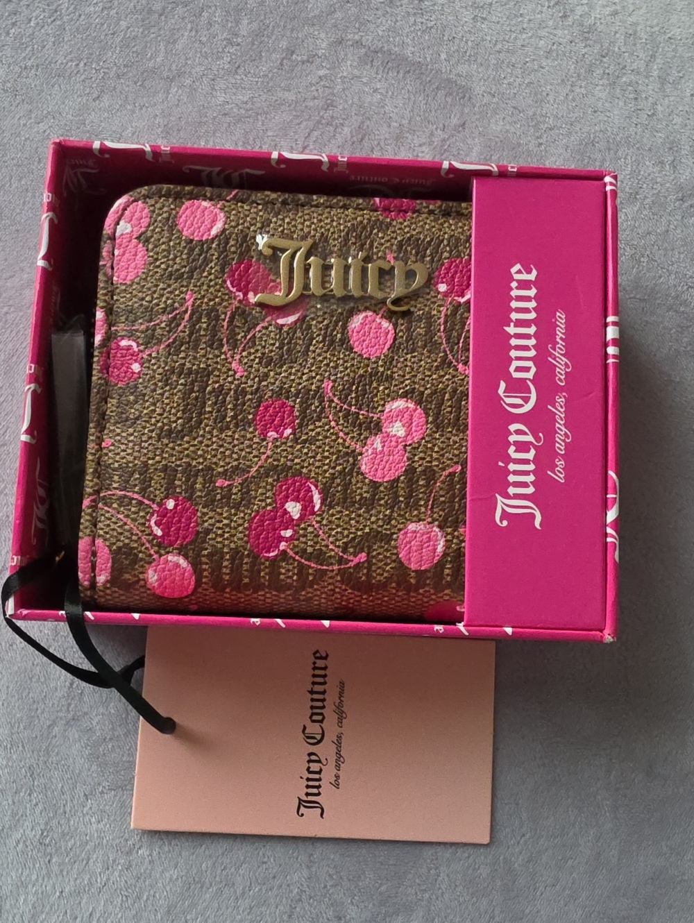 Juicy Couture Brown Logo Wallet with Pink Cherry Print